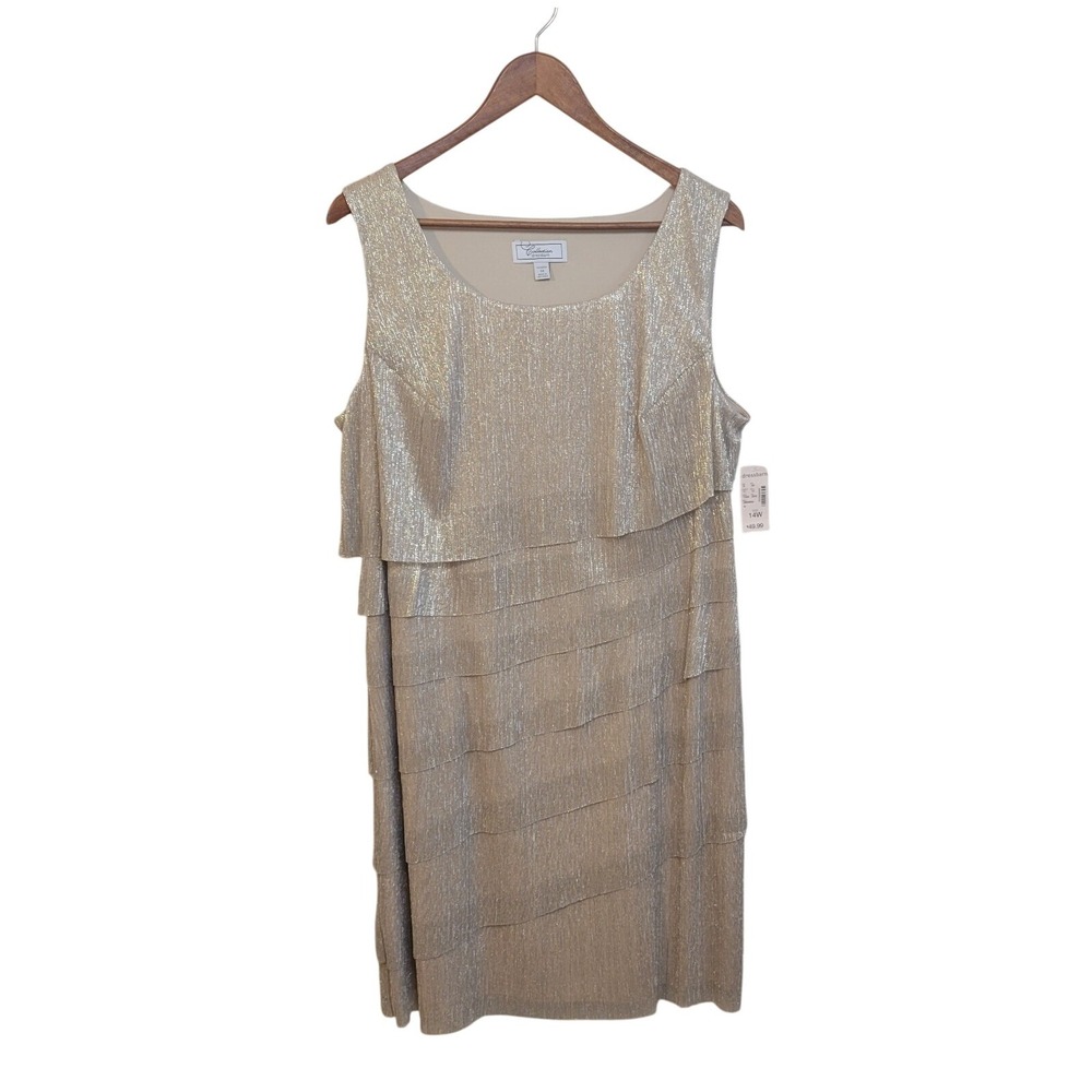 Dressbarn Collection Women 14W Gold Metallic Tiered Shimmer Shift Cocktail Dress